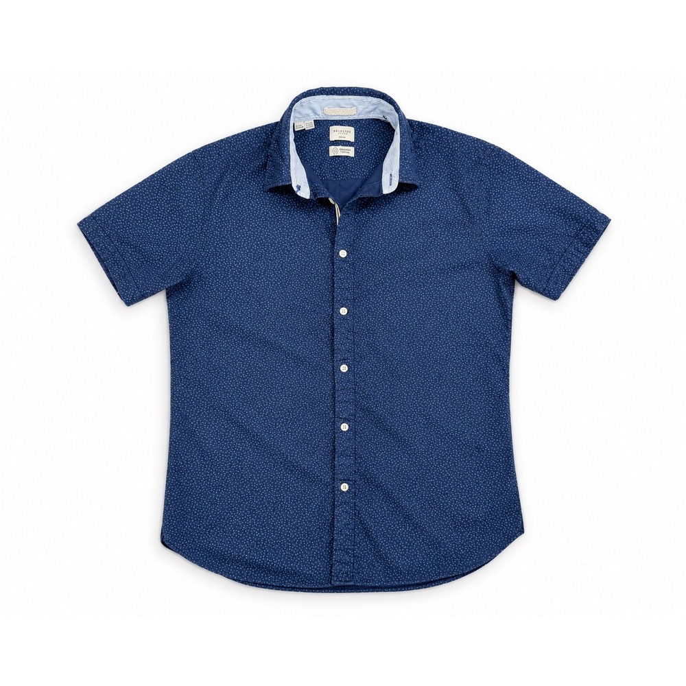 Selected Homme Mens Navy Blue Micro Dot Organic Cotton Slim Fit SS Shirt M 15.75